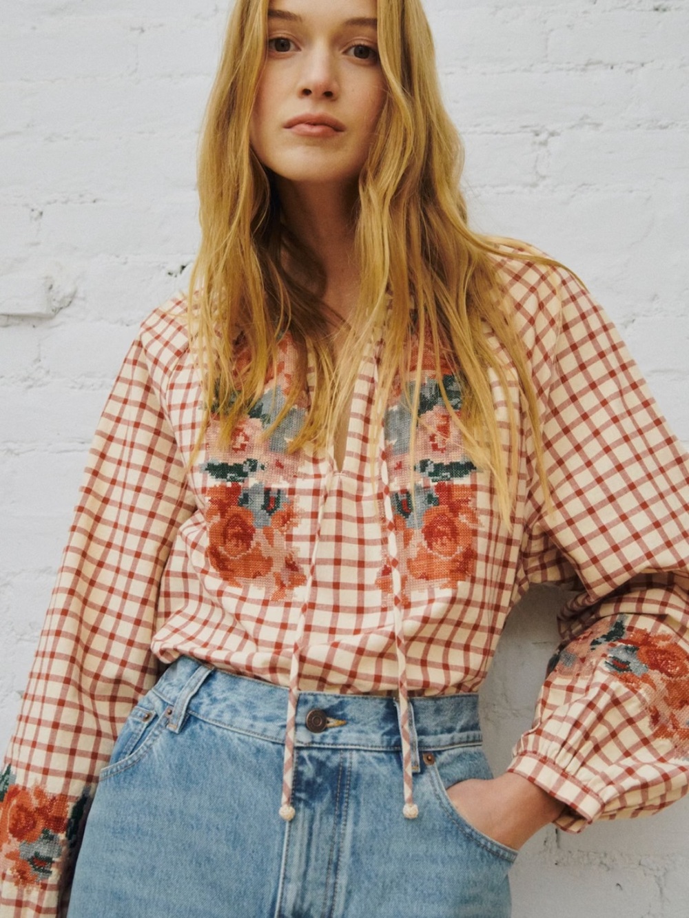 NWT Sezane X Sea NY Aquila Blouse Checked Print Plaid Floral Embroidery- 38/M